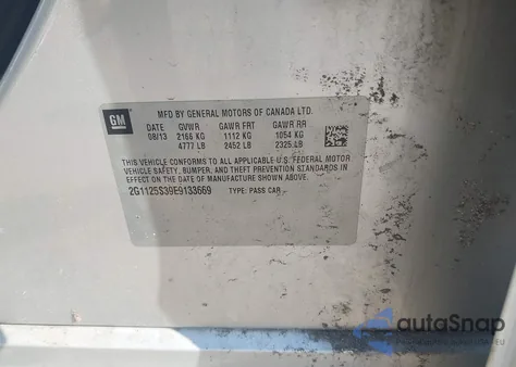 2014 Chevrolet Impala 2Lt из США, поврежденный, VIN 2G1125S39E9133669